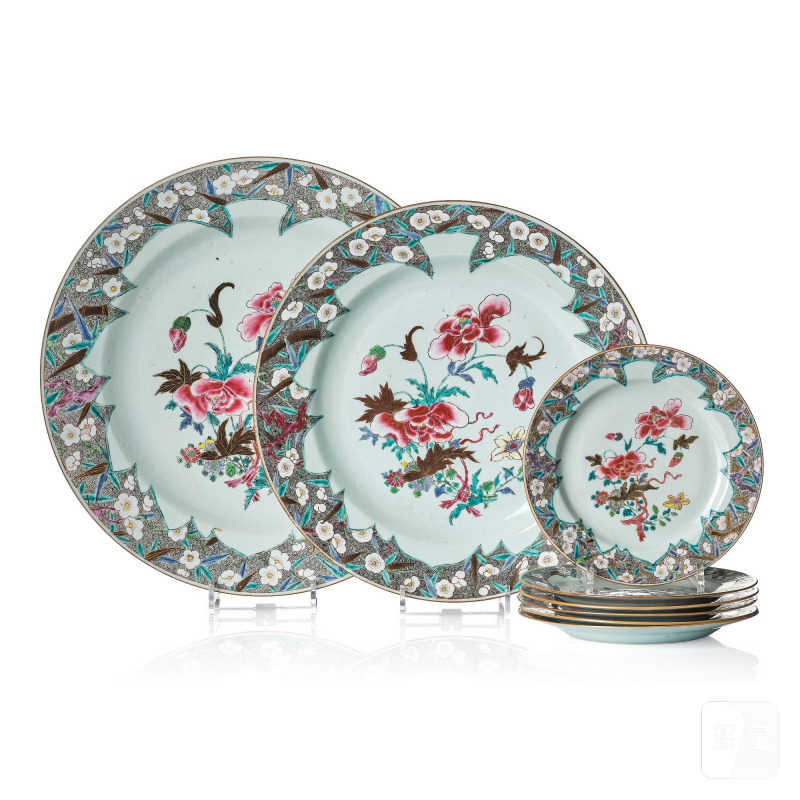 Two famille rose serving dishes and six dinner plates,